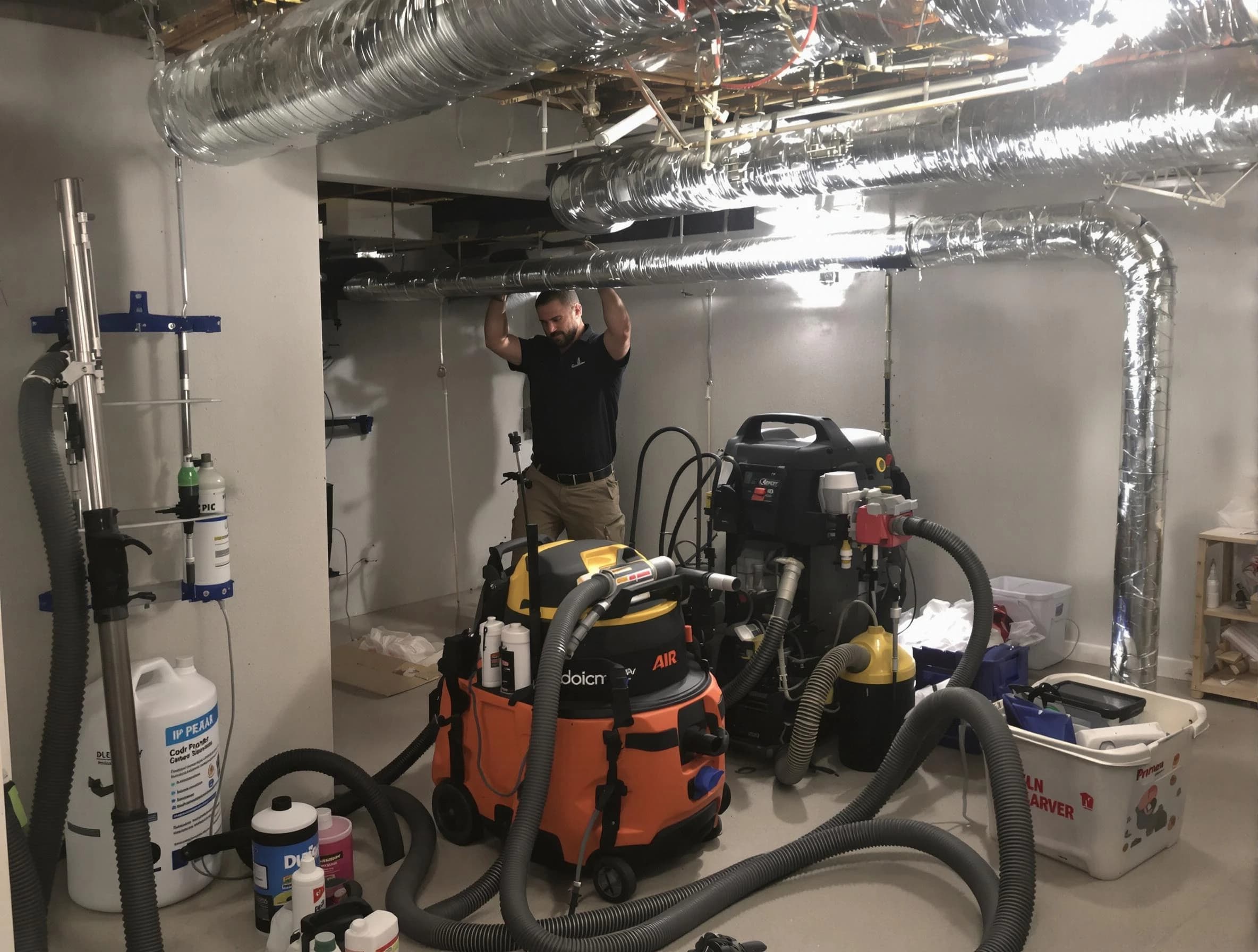 Tuckahoe Air Duct Cleaning specialist performing professional mold removal from air ducts using safety equipment in Tuckahoe
